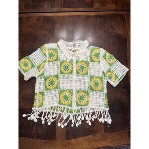 Women’s Yellow And Green Granny Square Crochet Button Up Top Cardigan Medium G&D